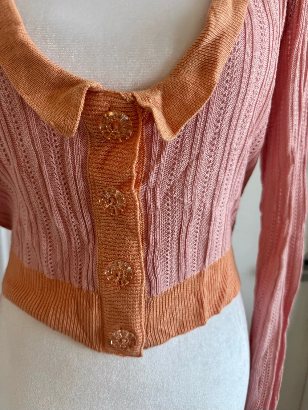 For Love and Lemons- Women's Two-Tone Pink & Orange Knit Button-Front Top